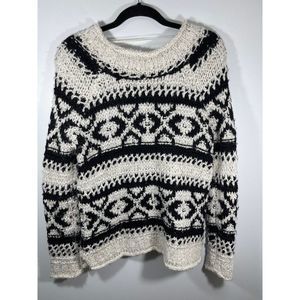 Free People Boho Wool Cotton Linen Crewneck Sweater Black and White XS